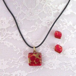 Vintage acrylic lucite red & gold foil pendant necklace & stud earring set 1980s